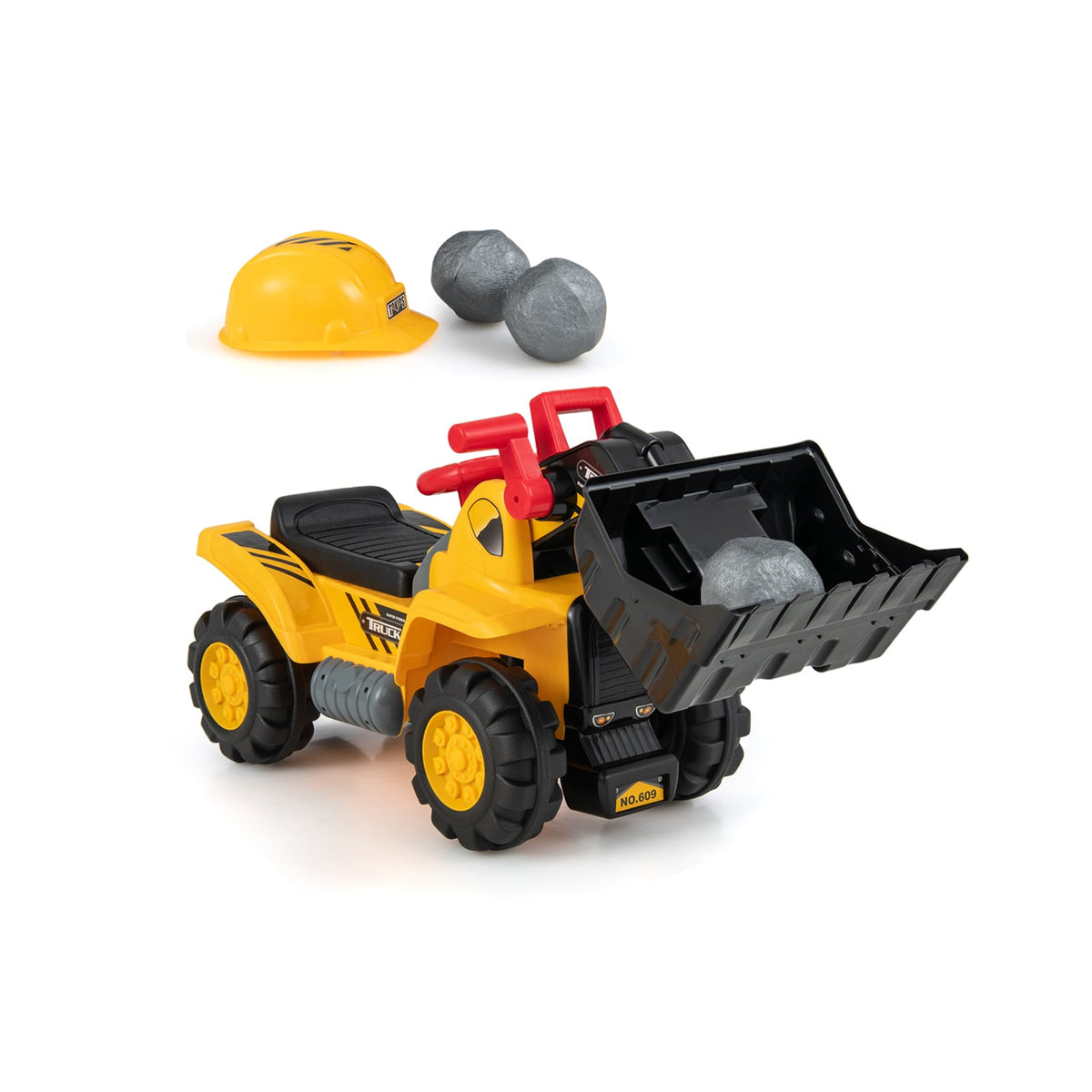 Kids Ride On Bulldozer Toy with a yellow safety helmet and three grey toy stones