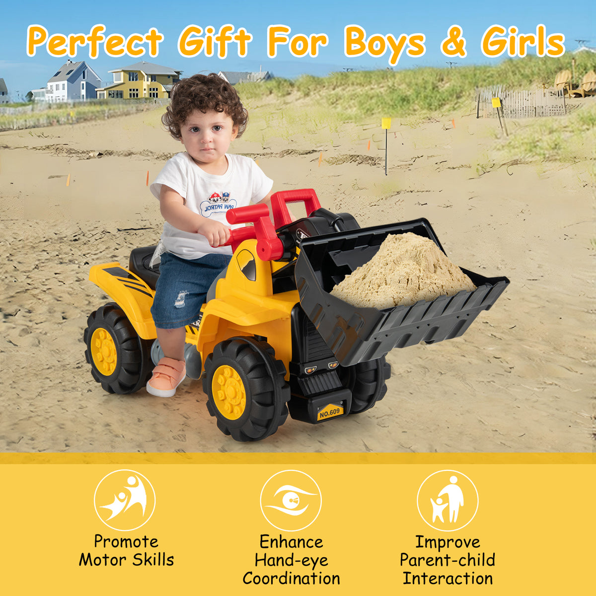 The ride on toy with a child sitting on it and a bucket full of sand