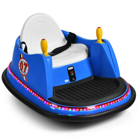 Kids Ride-On Bumper Car in blue with flashing lights around the base and a white seat