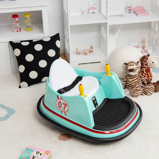 The kids electric bumper car in green is shown with a seat and safety belt on a rug