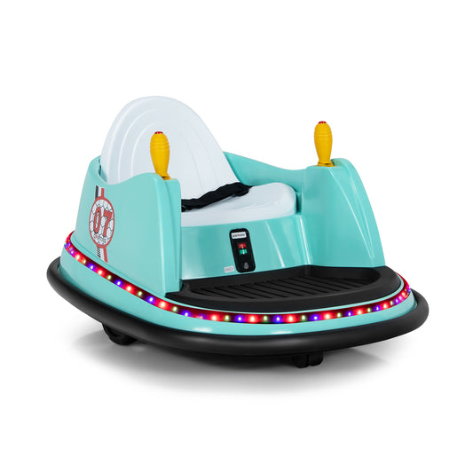 Kids Ride-On Bumper Car in green with colourful flashing lights around the base