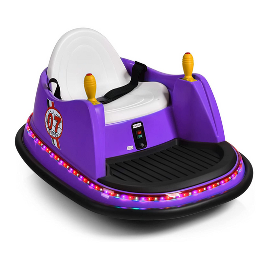 Kids Ride-On Bumper Car, a purple electric car with flashing lights and a white seat