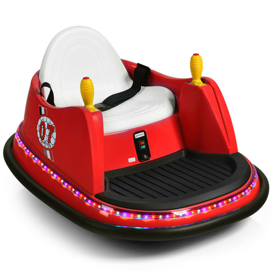 Kids Ride-On Bumper Car in red with a white seat and colourful flashing LED lights around the base