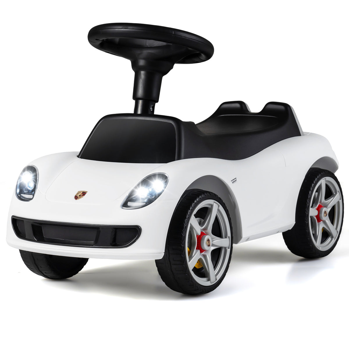 The sliding car showing the front and side profile with illuminated headlights