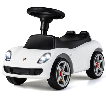 The sliding car showing the front and side profile with illuminated headlights