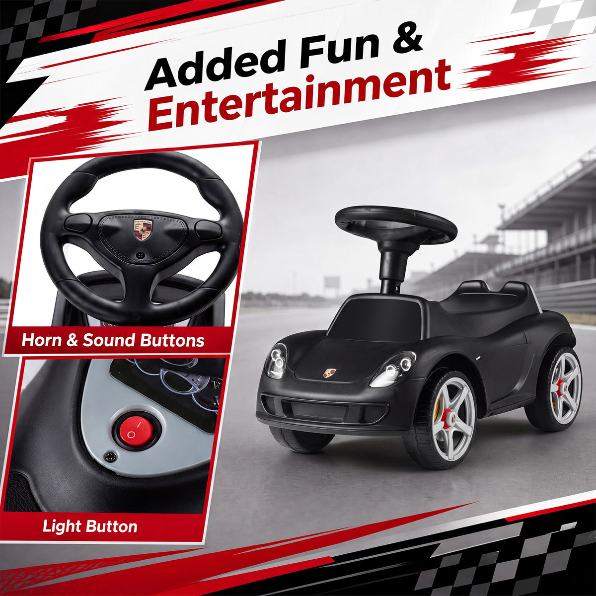 Close up of horn and sound buttons on the black Porsche style sliding car