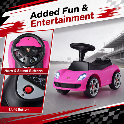 The pink sliding car with close up insets of the steering wheel buttons and light switch