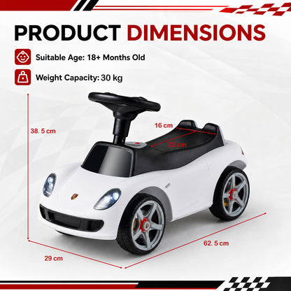 White Porsche licensed sliding car with product dimensions labelled