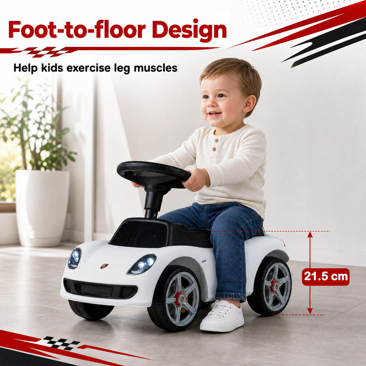 The ride on toy showing the seat height with a child sitting on it indoors