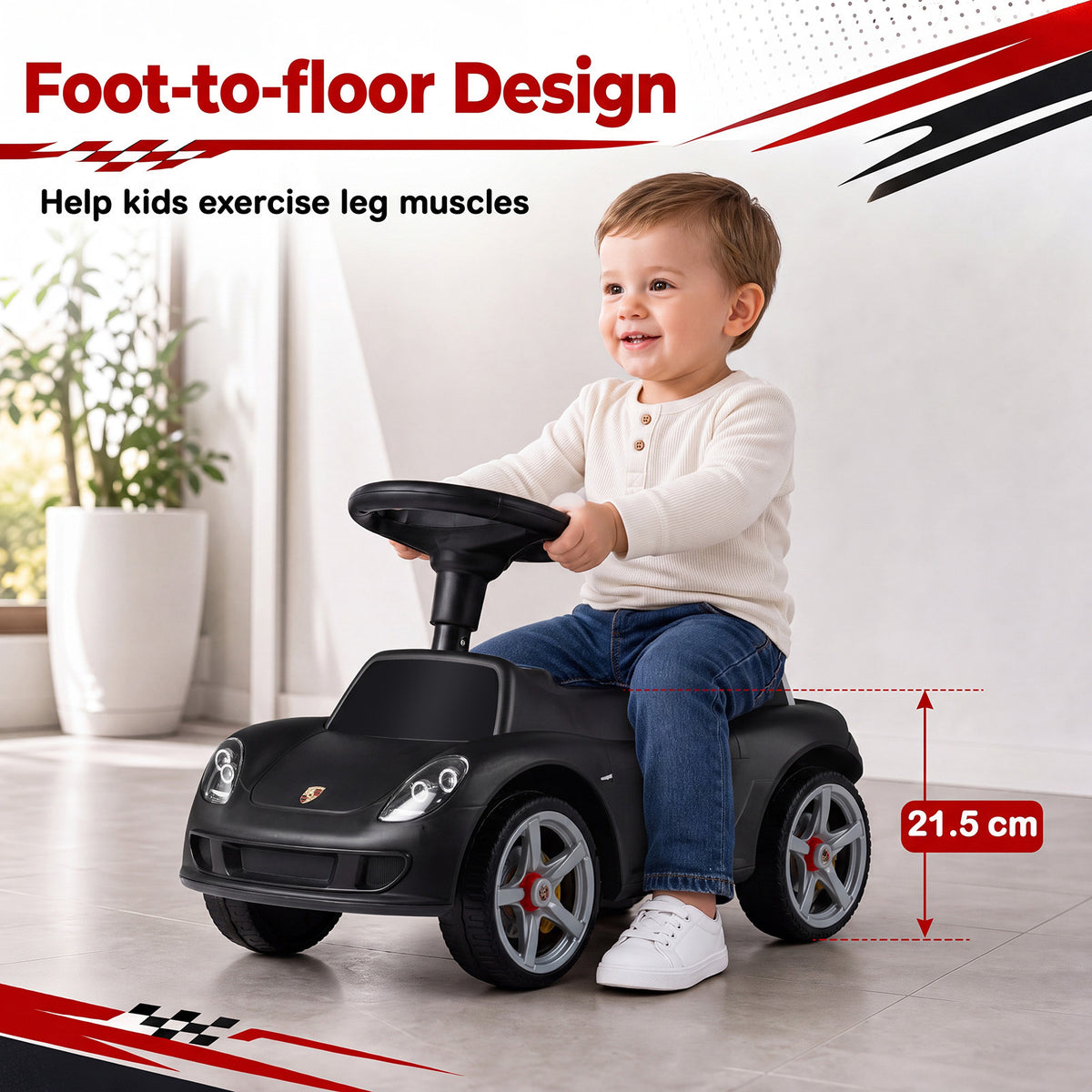 A child sits in the black Porsche style sliding car, showing its foot-to-floor design