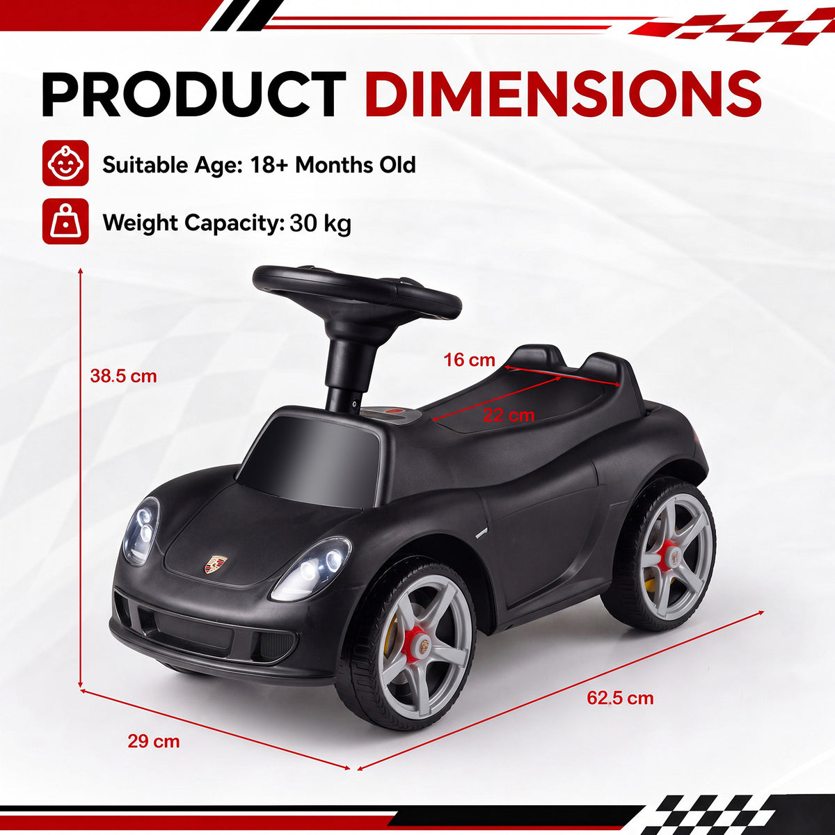 Product dimensions diagram for the black Porsche style sliding car
