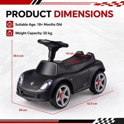 Product dimensions diagram for the black Porsche style sliding car