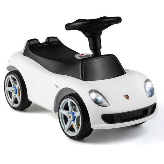 Kids Ride On Car in white with a black seat and steering wheel on a plain white background