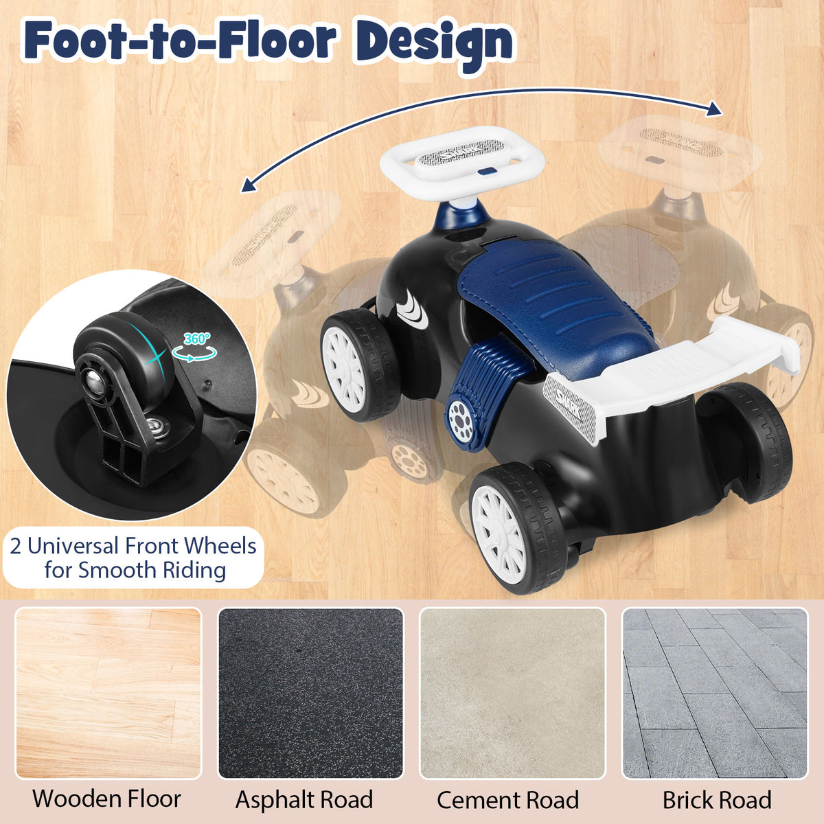 Foot-to-floor design of the black and blue sliding toy car showing wheel swivel