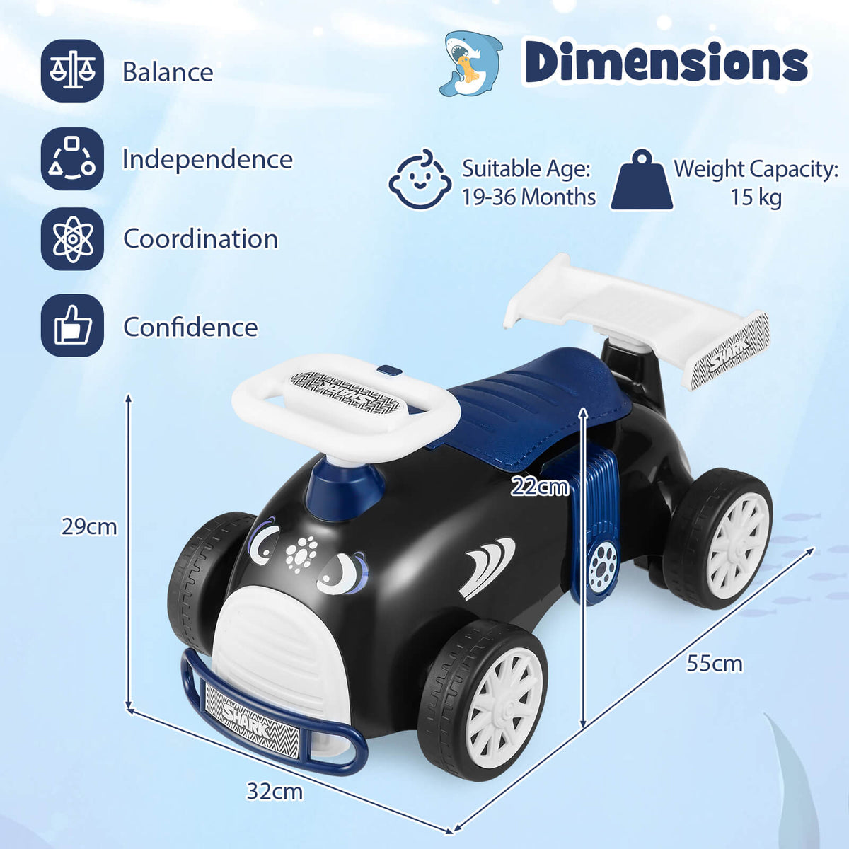 Dimensions diagram showing the black and blue sliding toy car with measurements