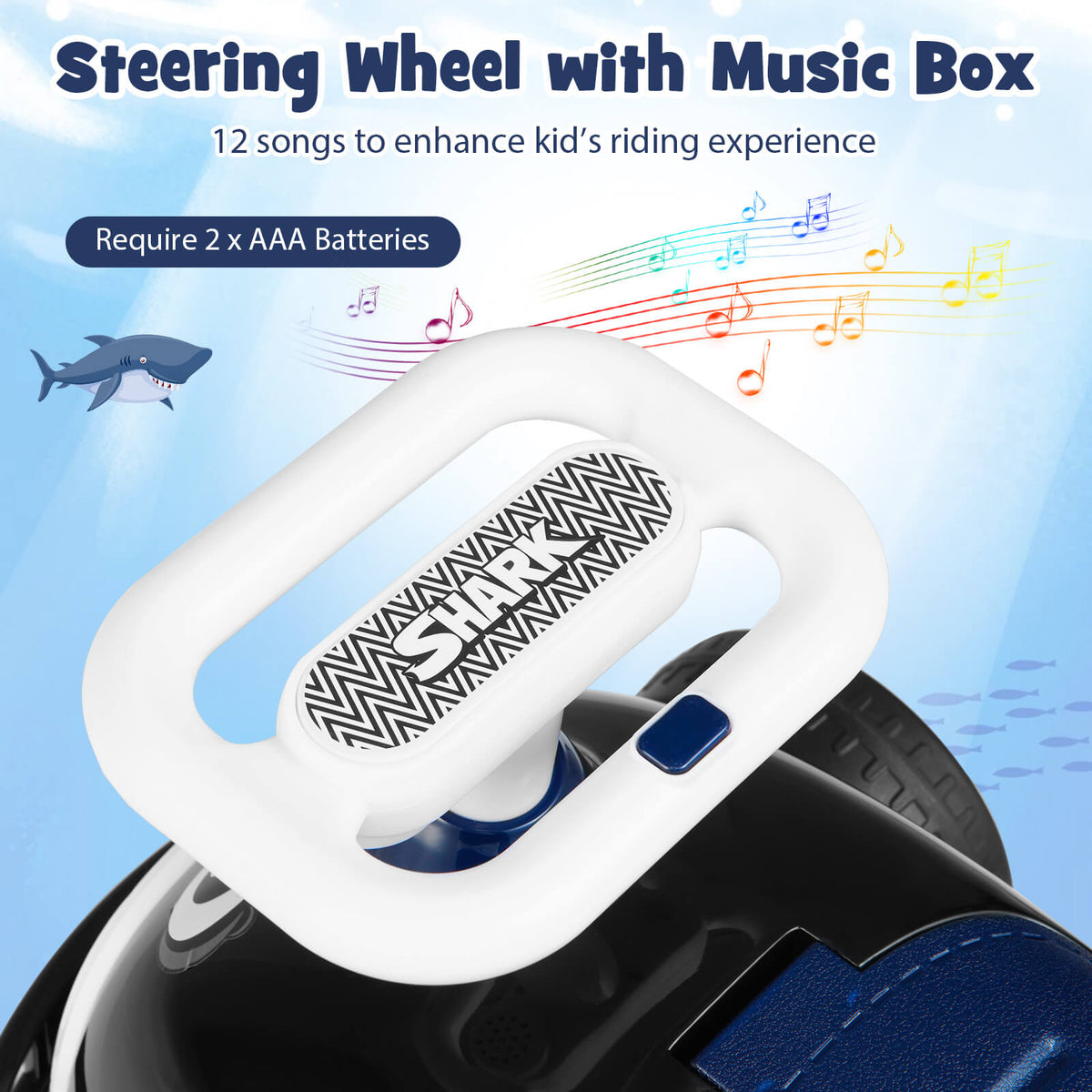 Close-up of the steering wheel with music notes on the black and blue sliding toy car
