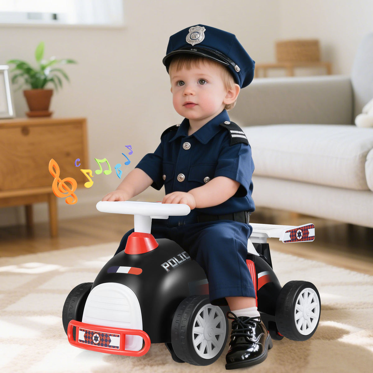 A toddler dressed as a police officer sitting on the ride on toy indoors