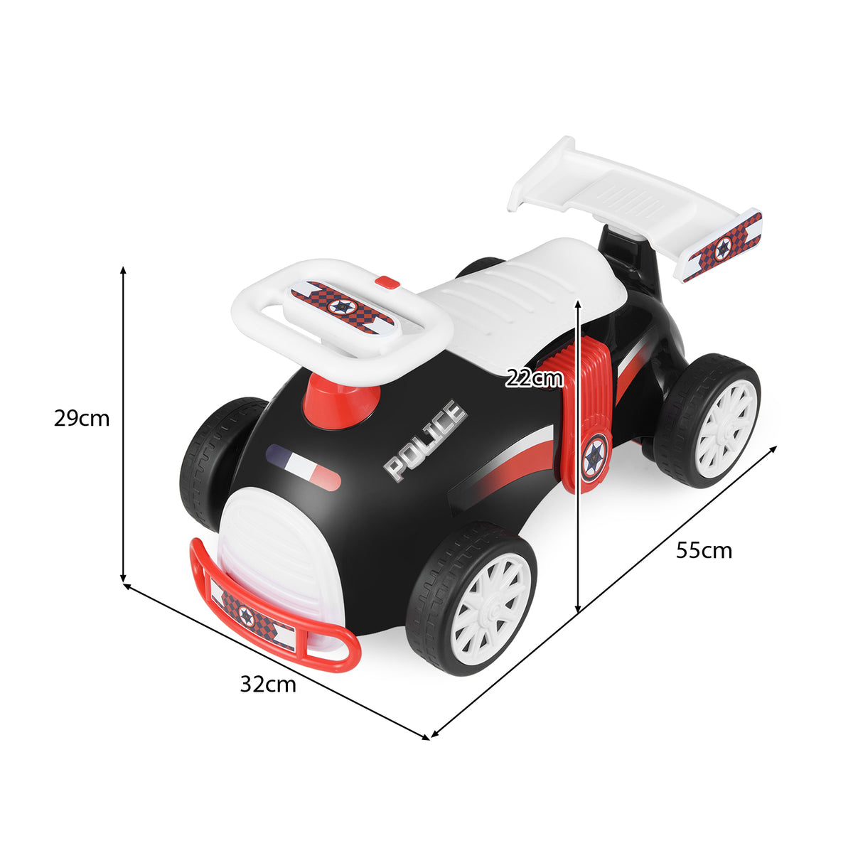 The push and pedal ride on toy showing height and length dimensions