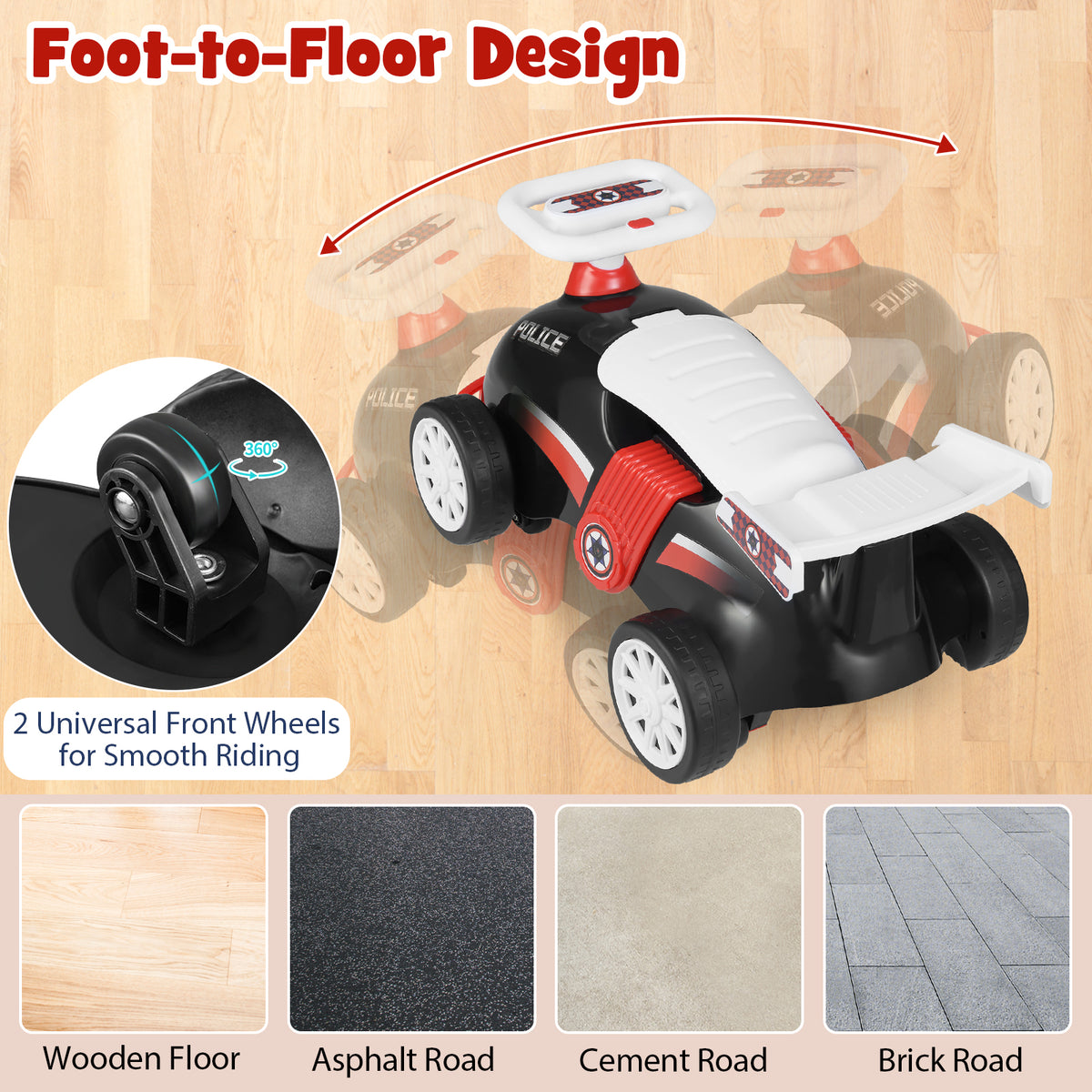 The push and pedal ride on toy showing universal wheels and suitable surfaces