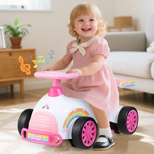 A happy toddler sits on the pink push and pedal ride on toy indoors