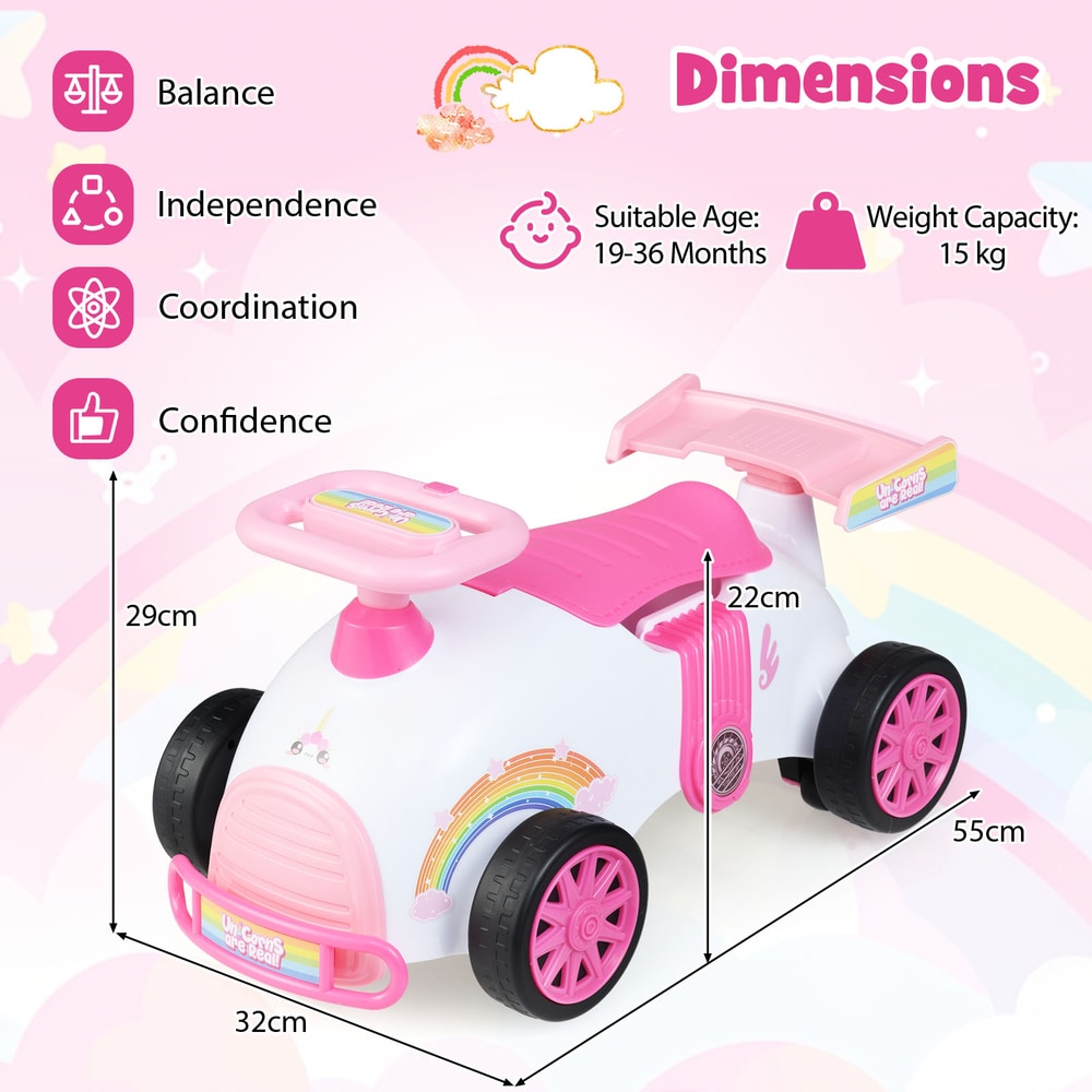 Dimensions diagram for the pink push and pedal ride on toy