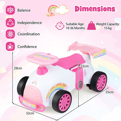 Dimensions diagram for the pink push and pedal ride on toy