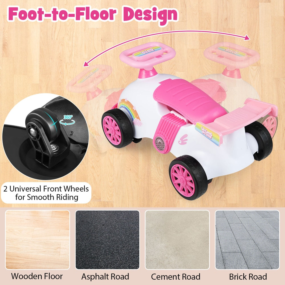 The push and pedal ride on toy shown on different floor surfaces