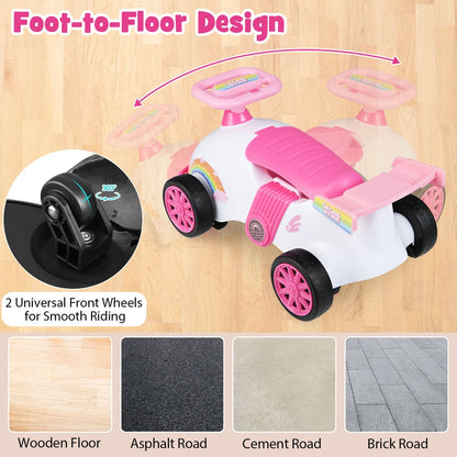 The push and pedal ride on toy shown on different floor surfaces