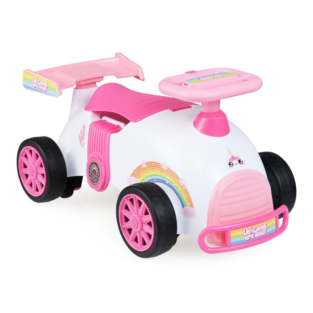 Kids Ride On Car Sliding Toy with a pink seat and rear spoiler, featuring rainbow decals