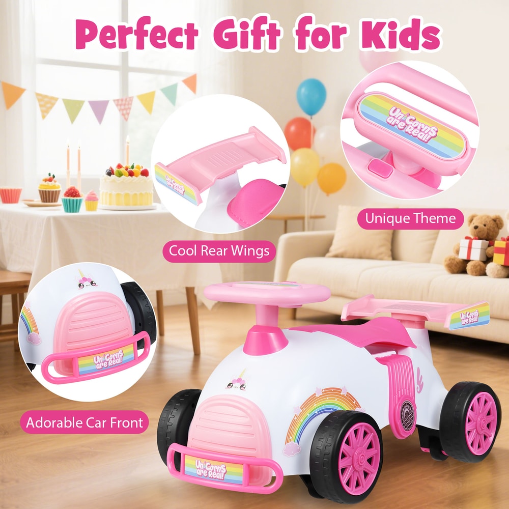 Features of the pink push and pedal ride on toy including rear wings and front design