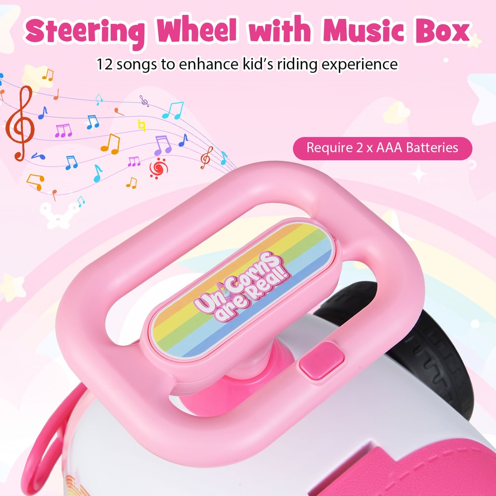 Close-up of the steering wheel with music box on the pink push and pedal ride on toy