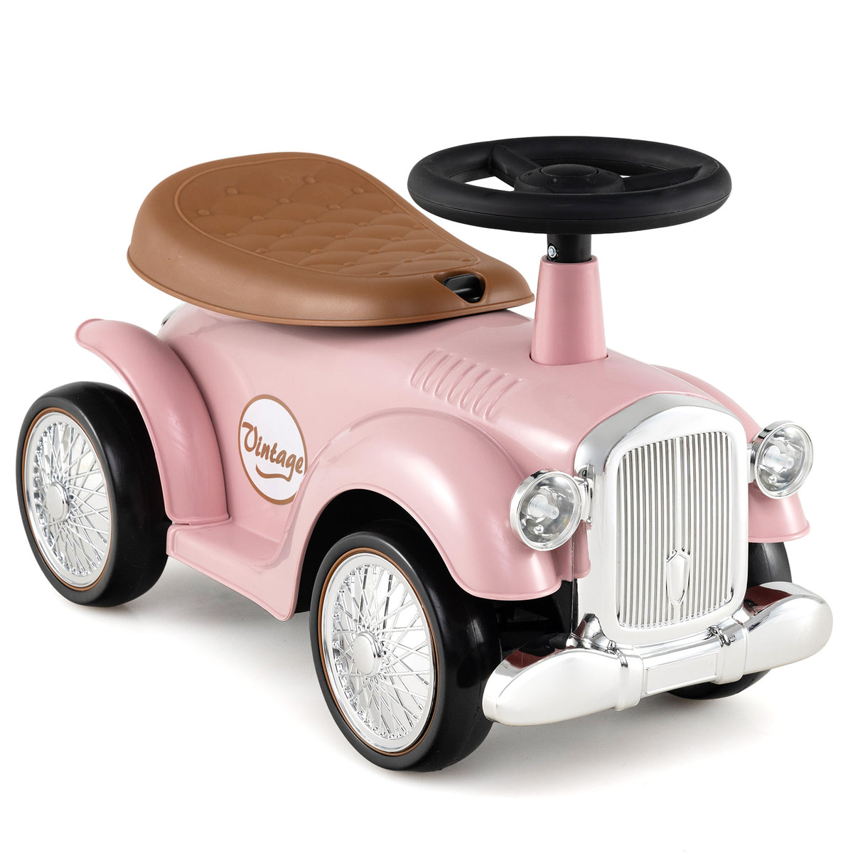 Kids Ride On Car in pink with a brown seat and a black steering wheel