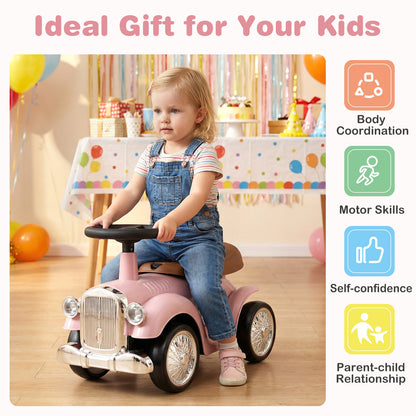 A child sits on the pink push and pedal ride on toy with icons for benefits