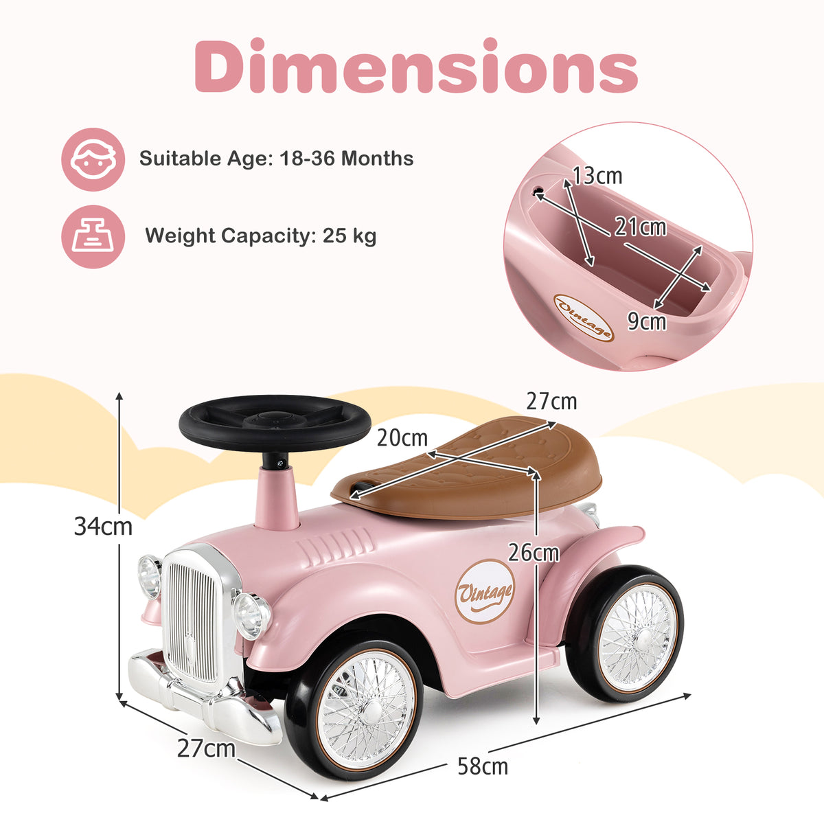 Dimensions diagram of the pink push and pedal ride on toy showing measurements