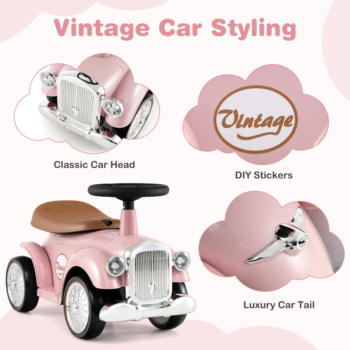 Close up of the pink push and pedal ride on toy showing styling details