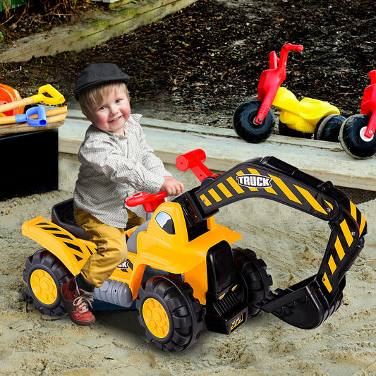 A young boy wearing a black cap happily rides the yellow and black digger toy in a sandy outdoor play area
