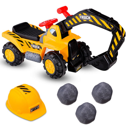 Kids Ride on Digger with safety helmet and toy stones, yellow and black digger with a helmet and three stones