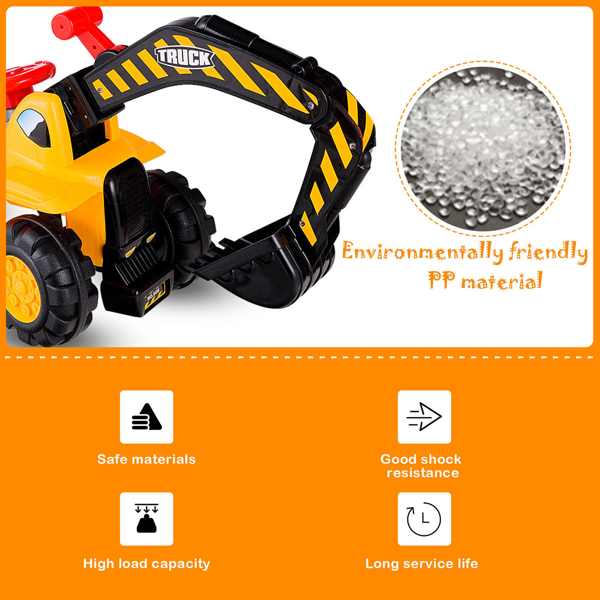 Close up of the yellow and black ride on digger, showing environmentally friendly PP material and features