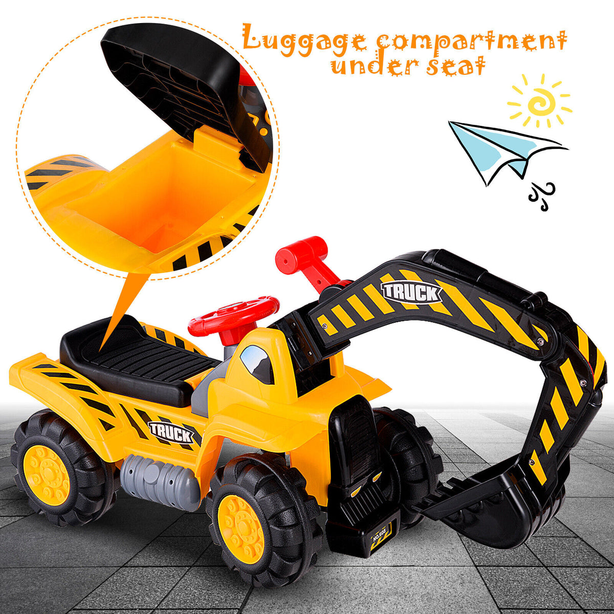 The yellow and black ride on digger with a highlighted storage compartment under the seat