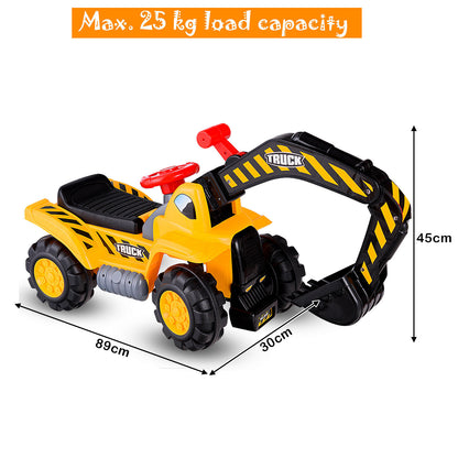 Yellow and black ride on digger toy with dimensions indicated