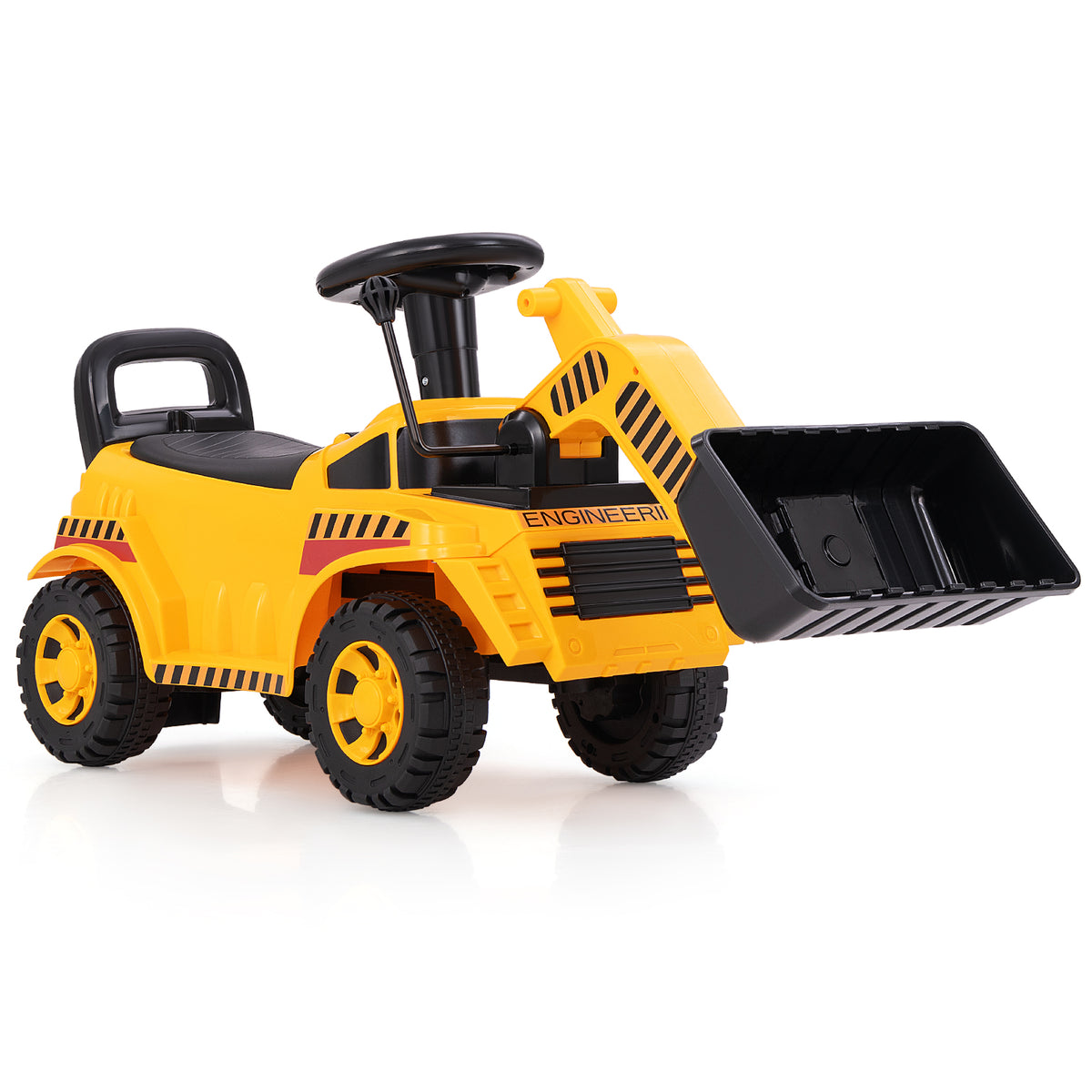 Kids Ride on Excavator Bulldozer with Adjustable Front Bucket in yellow with a black steering wheel