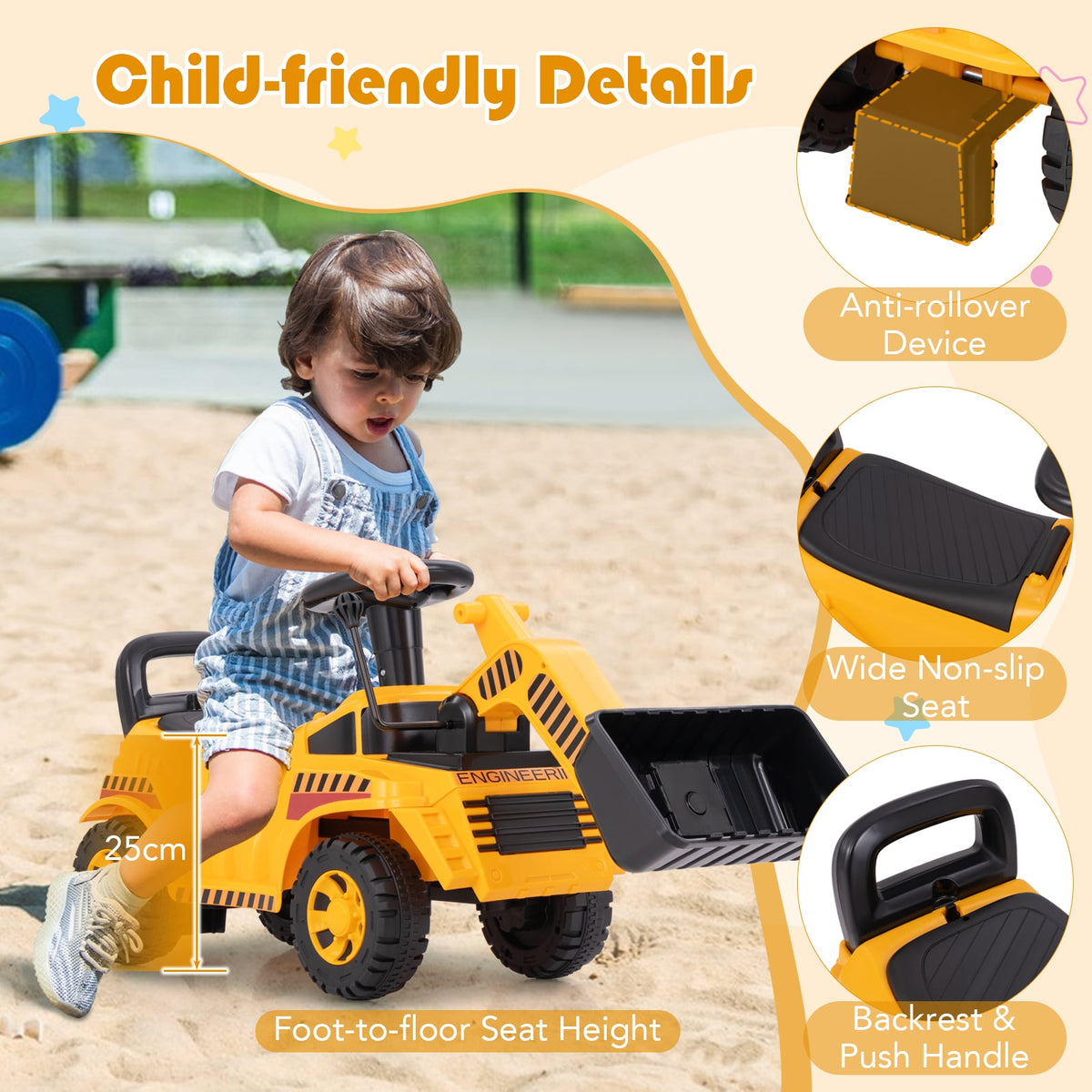 Child-friendly details of the yellow ride on digger, showing seat height and anti-rollover device