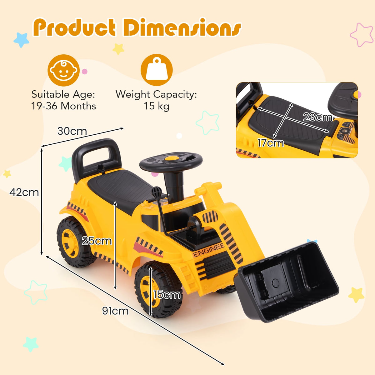 Product dimensions diagram showing the yellow ride on digger with measurements for height, length and width