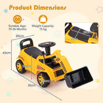 Product dimensions diagram showing the yellow ride on digger with measurements for height, length and width