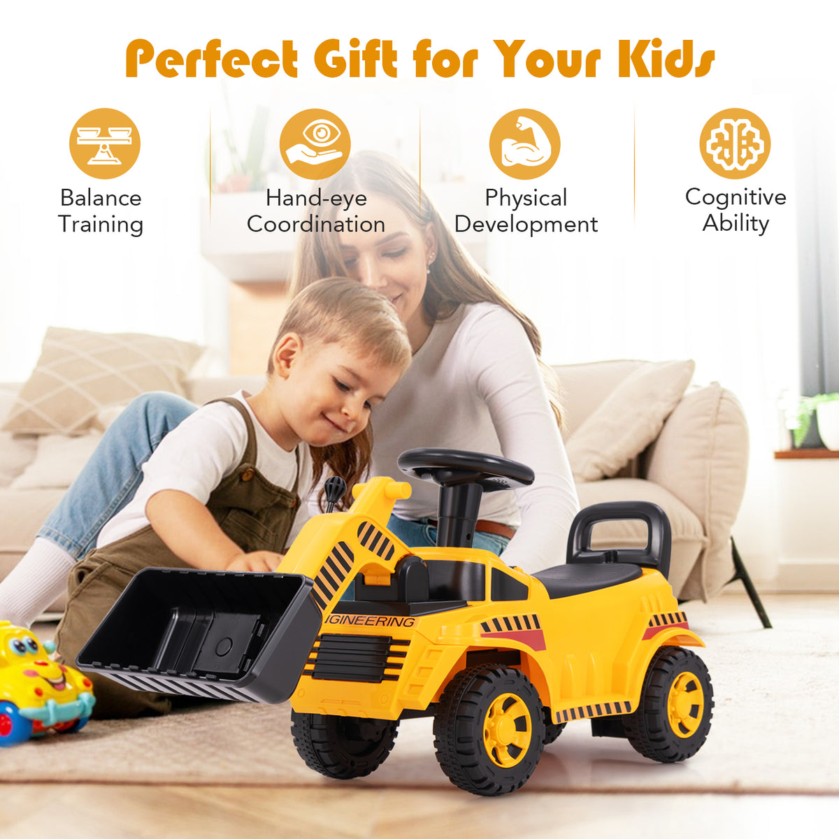 A mother and child look at the yellow ride on digger toy, highlighting its benefits for kids
