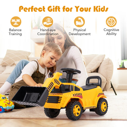 A mother and child look at the yellow ride on digger toy, highlighting its benefits for kids