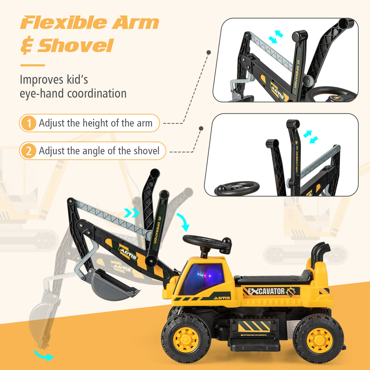 The yellow kids electric car with arrows showing the movement of the arm and shovel