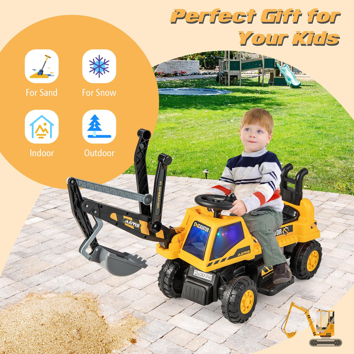 A child sitting on the yellow kids electric car on a paved patio in a garden