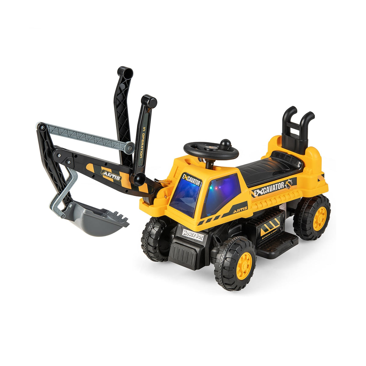 Kids Ride On Excavator in yellow with a black bucket arm and steering wheel on a white background