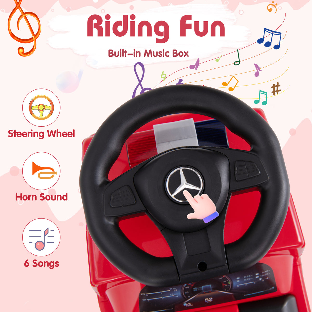 Close-up of the steering wheel and dashboard of the red fire truck toy with music notes